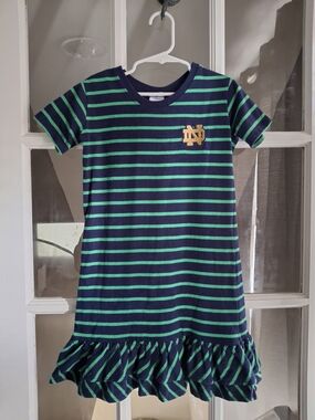 Nortre Dame Sara Lynn Togs Navy & Green Striped Girls Dress with Ruffle Hem 6x